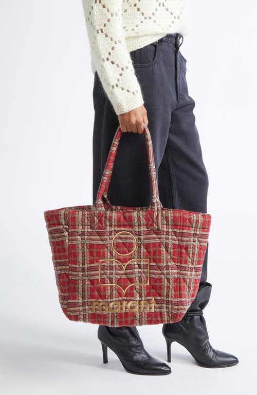Isabel Marant Small Yenky Tartan Embroidered Logo Quilted Tote In Red