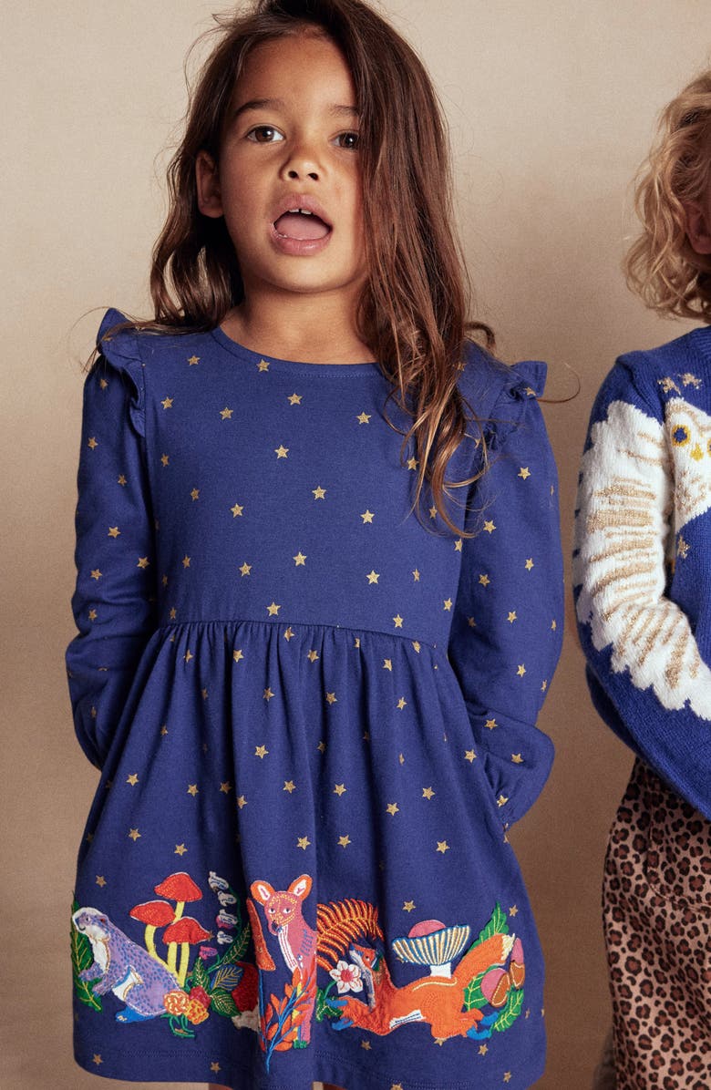 Mini Boden Kids' Embroidered Ruffle Appliqué Long Sleeve Cotton Jersey Dress, Alternate, color, College Navy Animals
