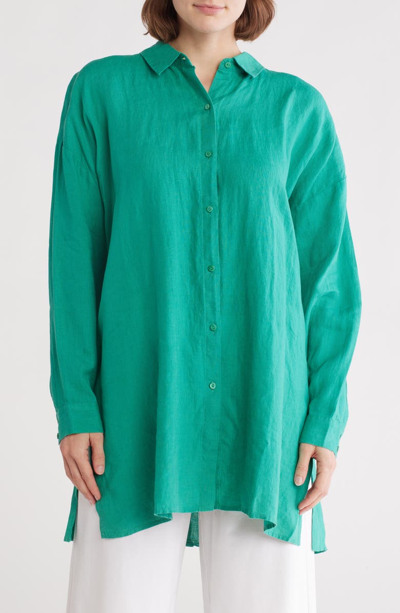 Eileen Fisher Classic Long Organic Linen Button-Up Shirt, Main, color, 