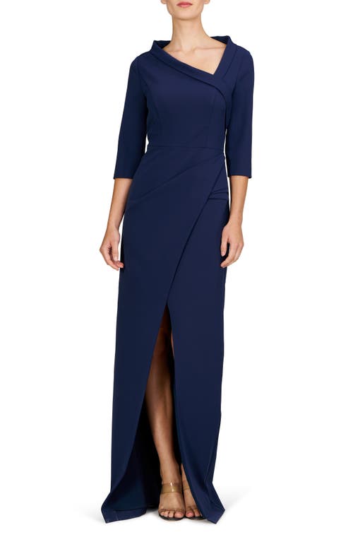 Kay Unger Helena Asymmetric Neck Gown In Midnight Blue
