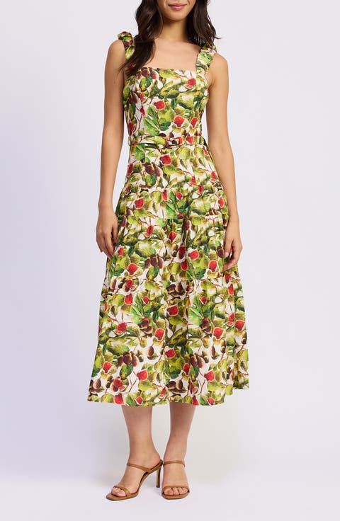Scottie Fig Print Cotton Blend Midi Dress