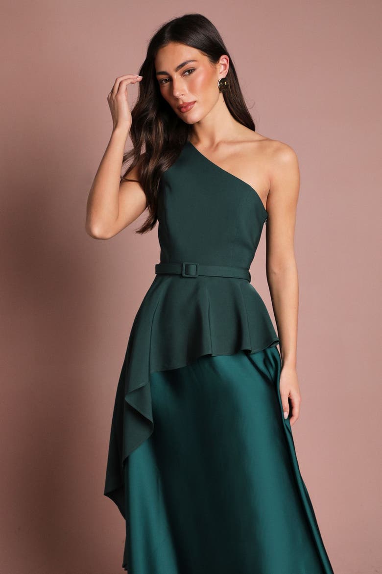 One Shoulder Satin Maxi Dress, Alternate, color, Emerald