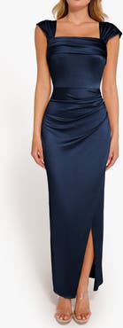 Popilush Liquid Metallic Fabric Off Shoulder Shine Ruched Sculpting Maxi Shapewear Dress