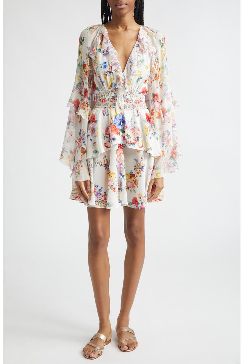 I Left My Heart in Granada Print Long Sleeve Tiered Ruffle Silk Minidress, Main, color, I LEFT MY HEART IN GRANADA