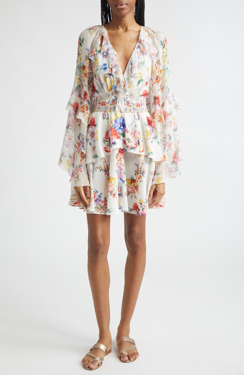 Camilla I Left My Heart in Granada Print Long Sleeve Tiered Ruffle Silk Minidress, Main, color, I Left My Heart In Granada