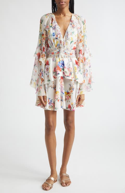 I Left My Heart in Granada Print Long Sleeve Tiered Ruffle Silk Minidress