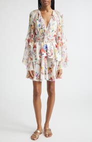 Camilla I Left My Heart in Granada Print Long Sleeve Tiered Ruffle Silk Minidress