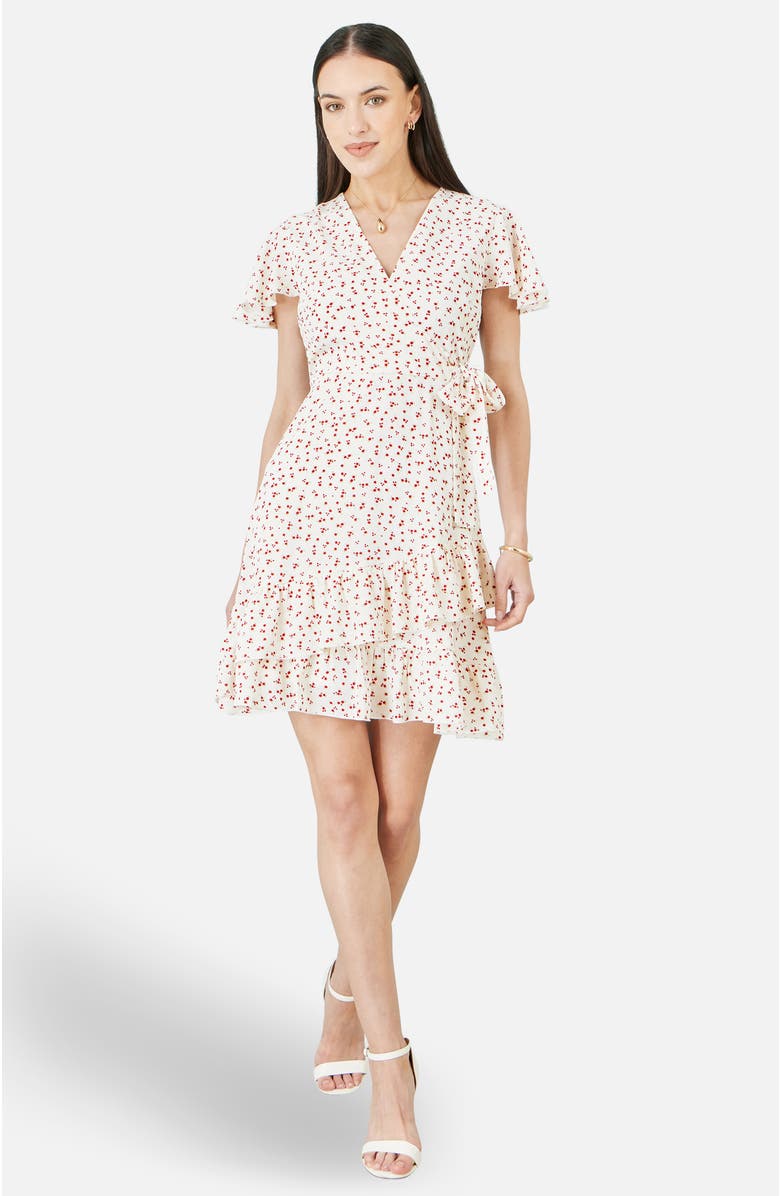Yumi Ditsy Print Frill Wrap Dress, Main, color, White