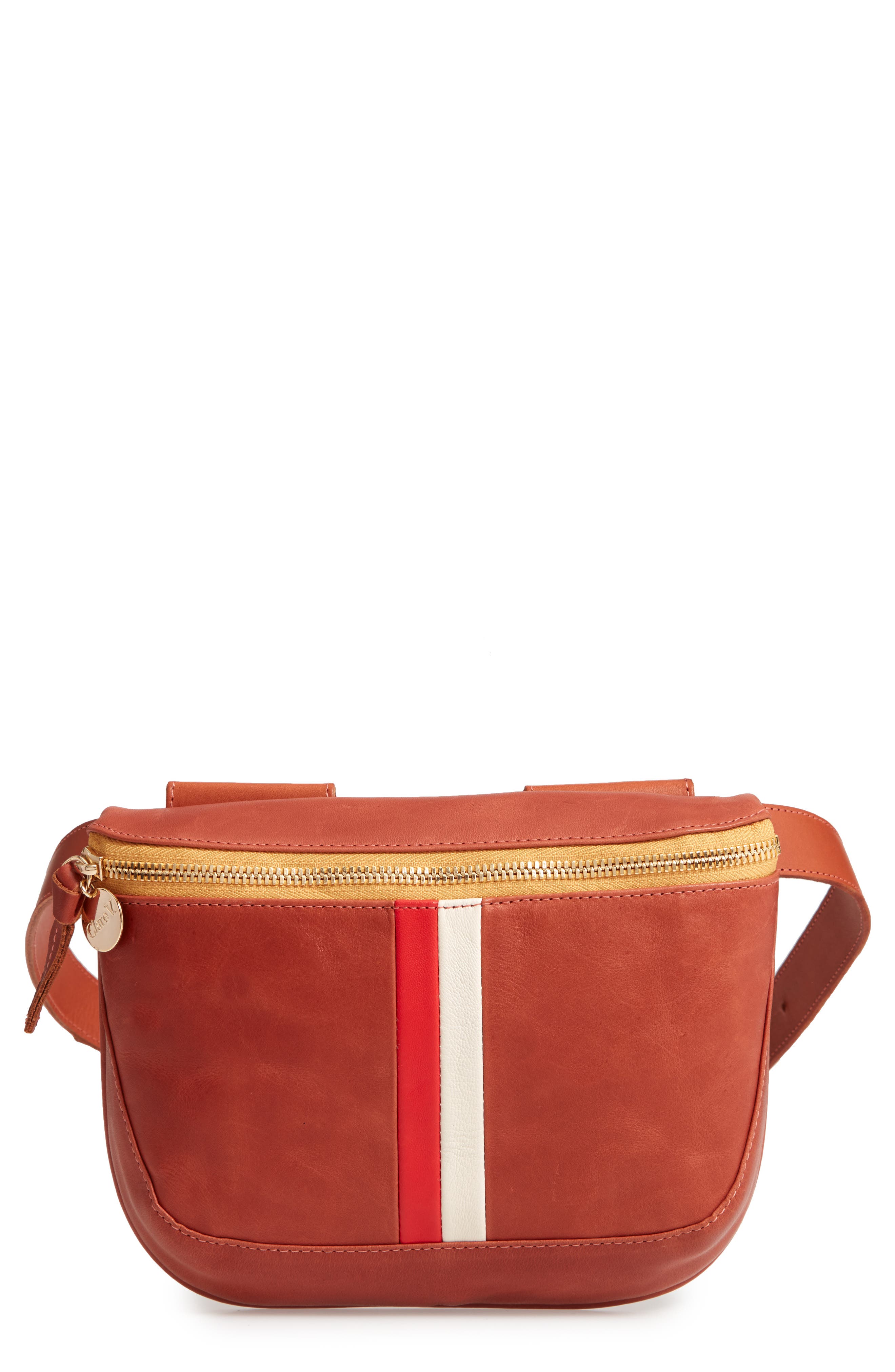 Leather Fanny Pack, Main, color, COGNAC VEG STRIPE