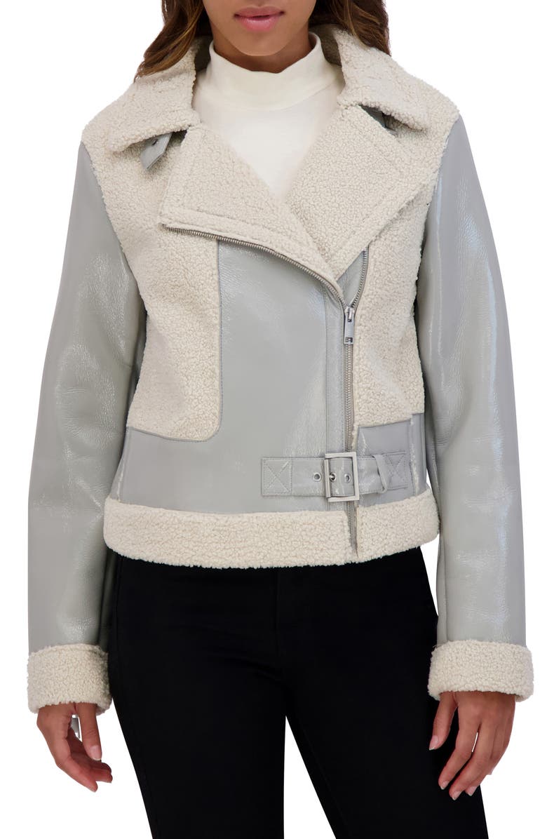 Andrew Marc Udall Faux Shearling Moto Jacket, Main, color, Cement