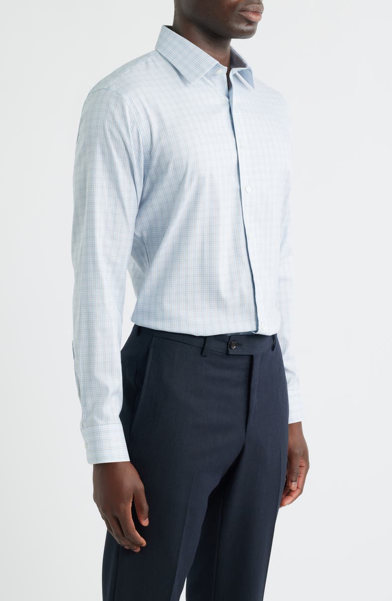 Nordstrom Trim Fit Check Premium Performance Twill Dress Shirt, Alternate, color, Blue- Brown Cheval Plaid