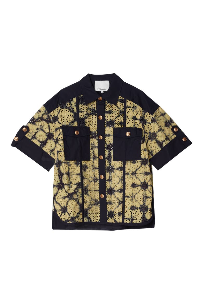 Printed Broderie Anglaise Shirt, Main, color, BUTTER-INDIGO MULTI