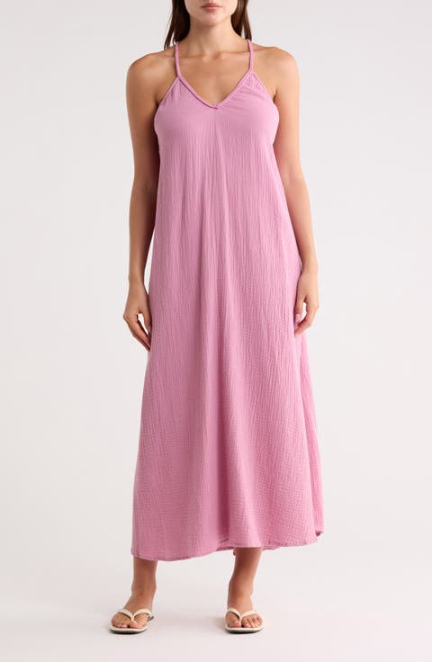 Mesh Racerback Cotton Gauze Midi Dress