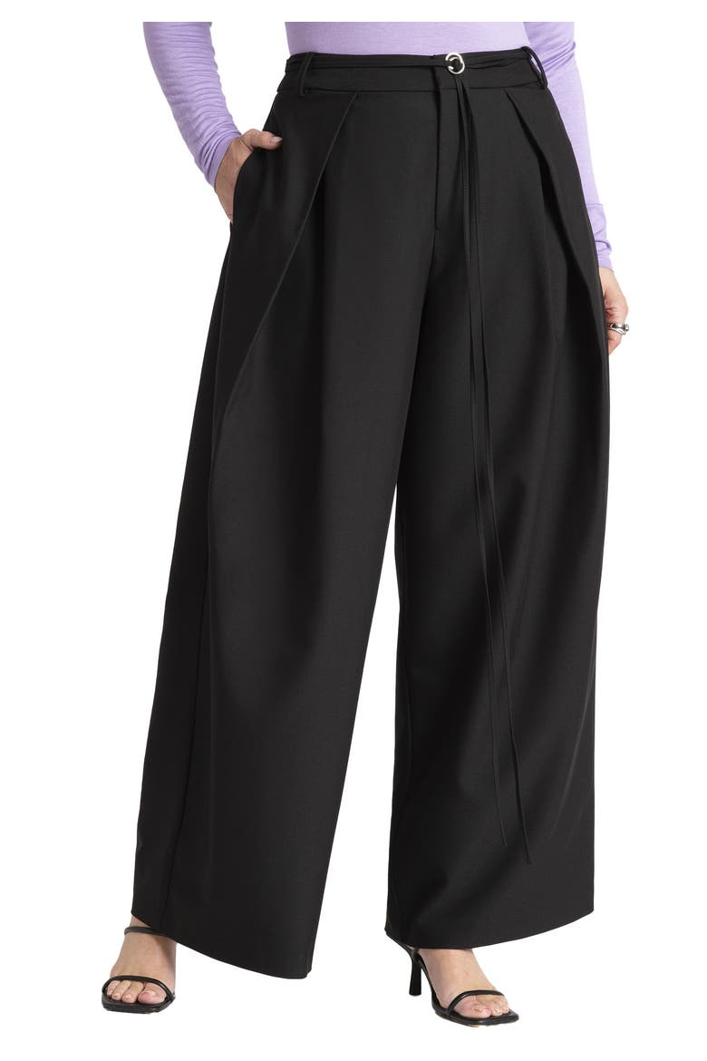 Wide Leg Pleated Trouser With Long Belt, Main, color, BLACK ONYX