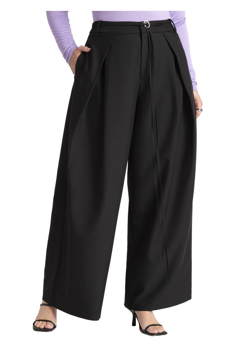 ELOQUII Pleat Detail Trouser With Long Belt, Main, color, Black Onyx