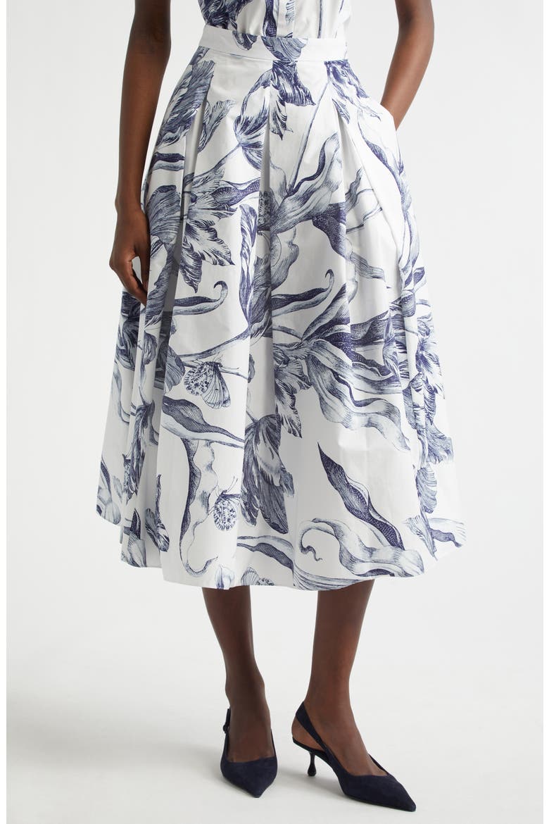 Print Pleated Cotton Midi Skirt, Main, color, BOTANICAL ENGRAVING IVORY