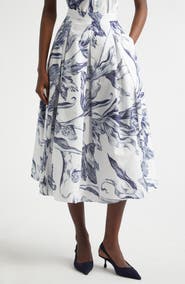 Erdem Print Pleated Cotton Midi Skirt