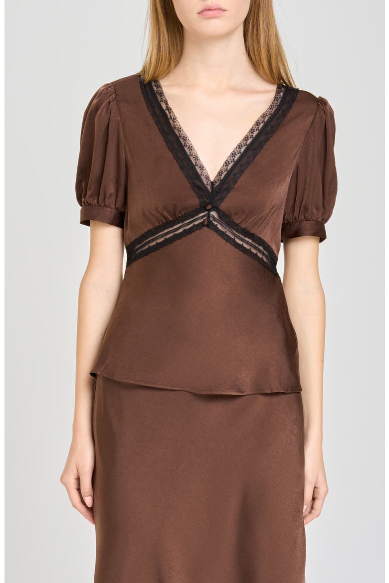 Felicity Lace Trim V-Neck Satin Top, Main, color, CHOCOLATE