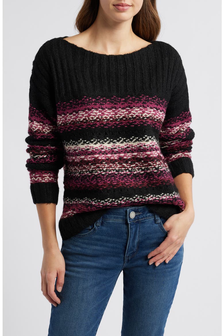Fair Isle Boat Neck Sweater, Main, color, BLACK MULTI COMBO