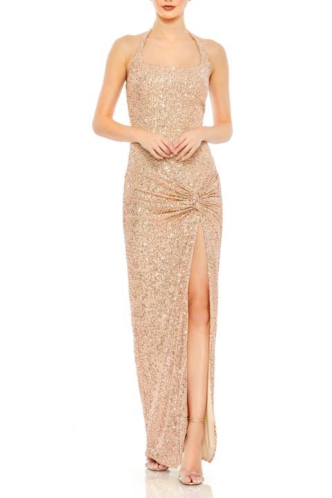 Square Sequin Halter Strap With Low Side Knot Detail Evening Gown