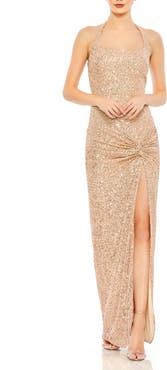 Mac Duggal Square Sequin Halter Strap With Low Side Knot Detail Evening Gown