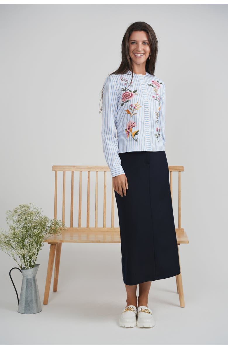 Viva K Embroidered Stripe Floral Detail Button Front Blouse, Alternate, color, Black Stripe
