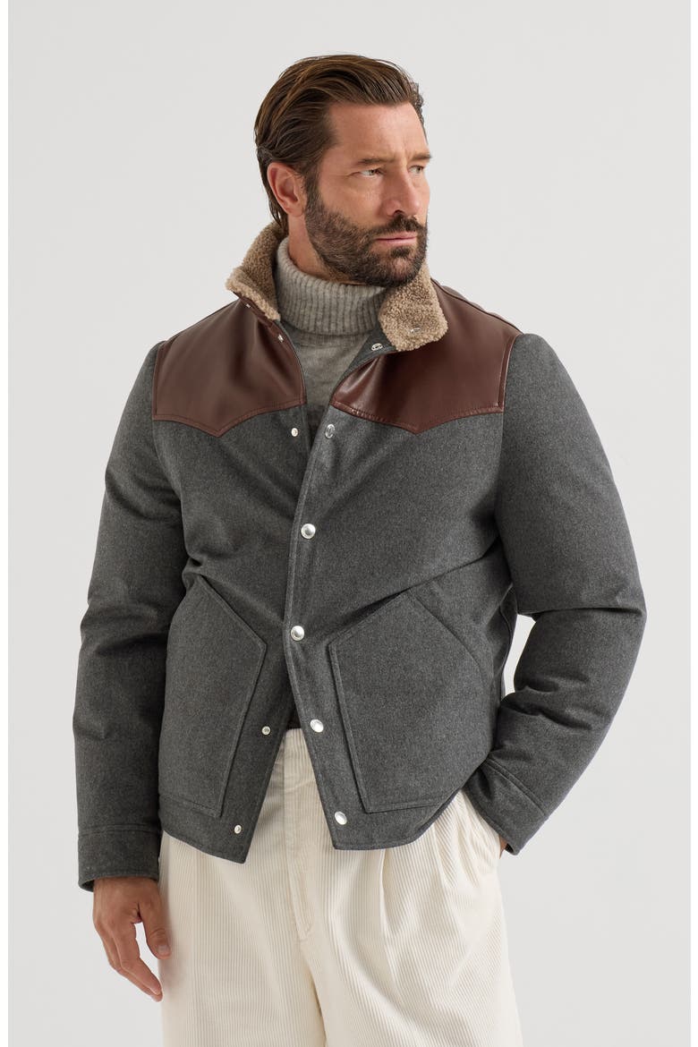 Bonded wool flannel paneled down jacket with shearling collar, Main, color, Dark Grey