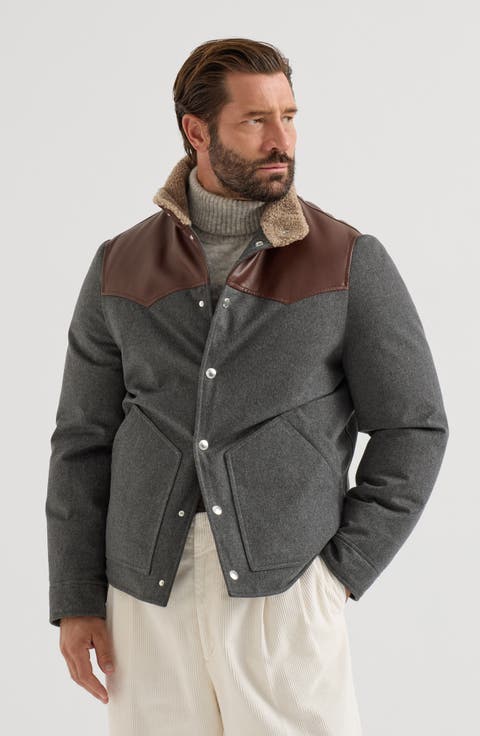 Bonded wool flannel paneled down jacket with shearling collar