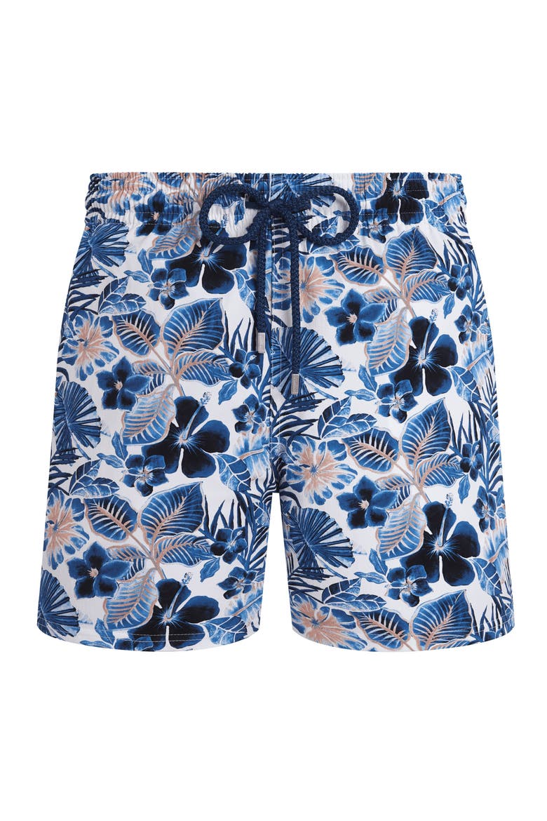 Men Stretch Short Swim Shorts Island Flowers, Main, color, White