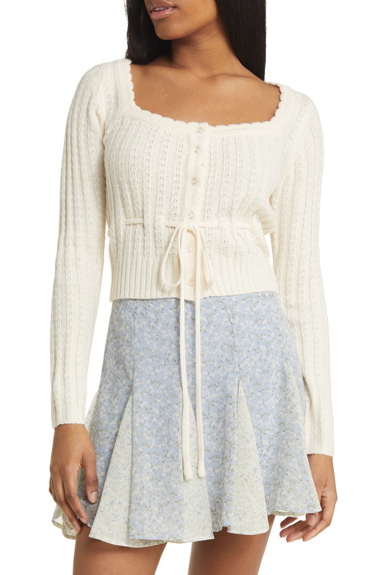 Drawstring Square Neck Cardigan, Main, color, CREAM
