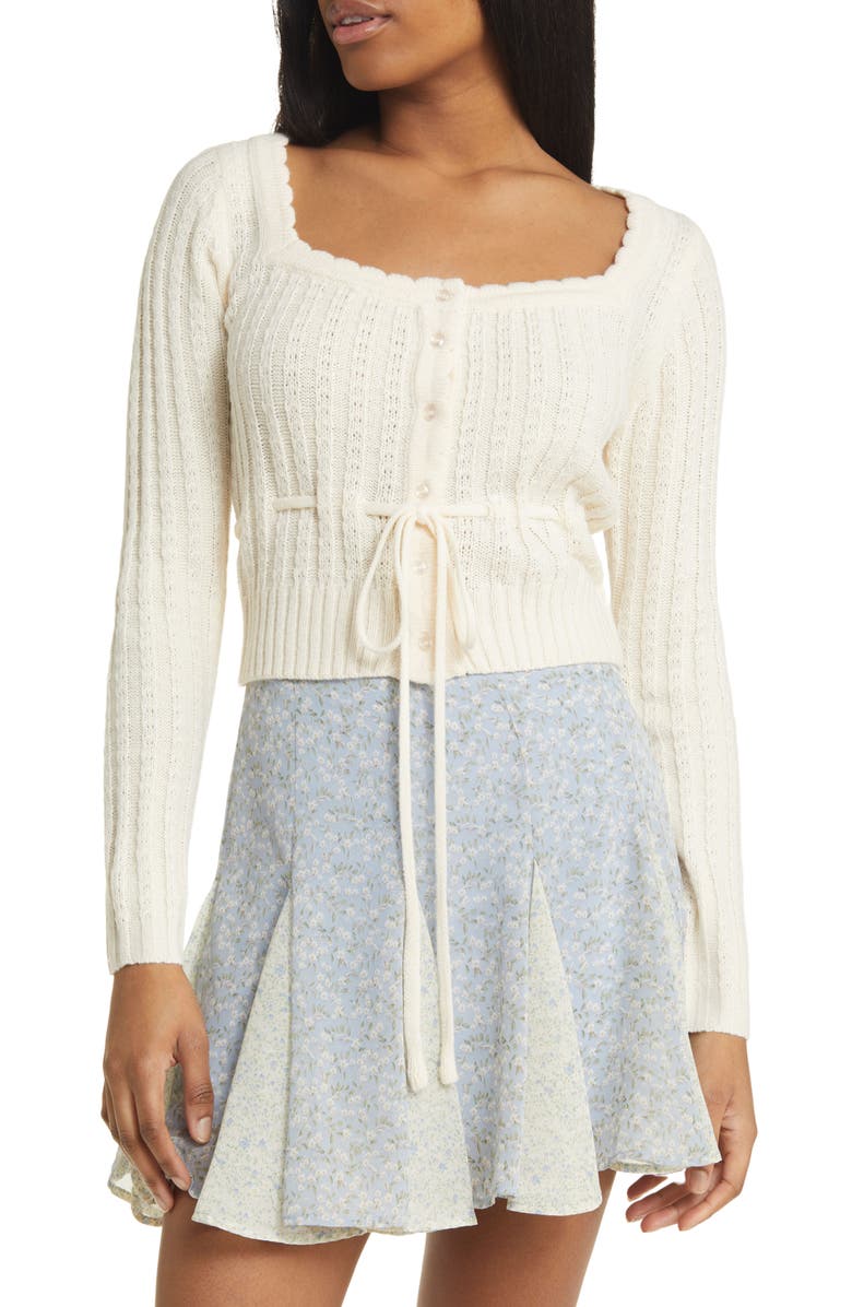 All in Favor Drawstring Square Neck Cardigan, Main, color, Cream