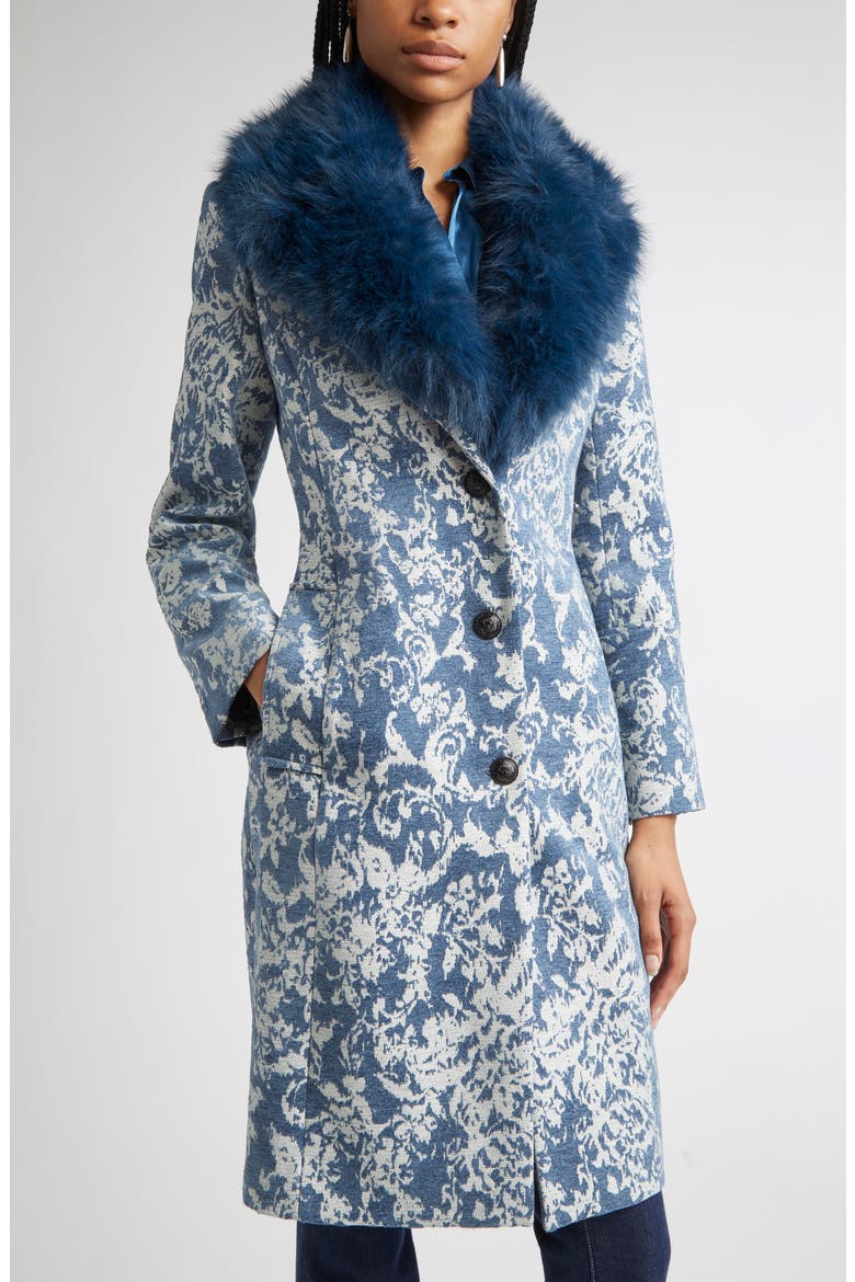 Laney Metallic Faux Fur Collar Coat, Alternate, color, DK BLUE STONE JACQUARD