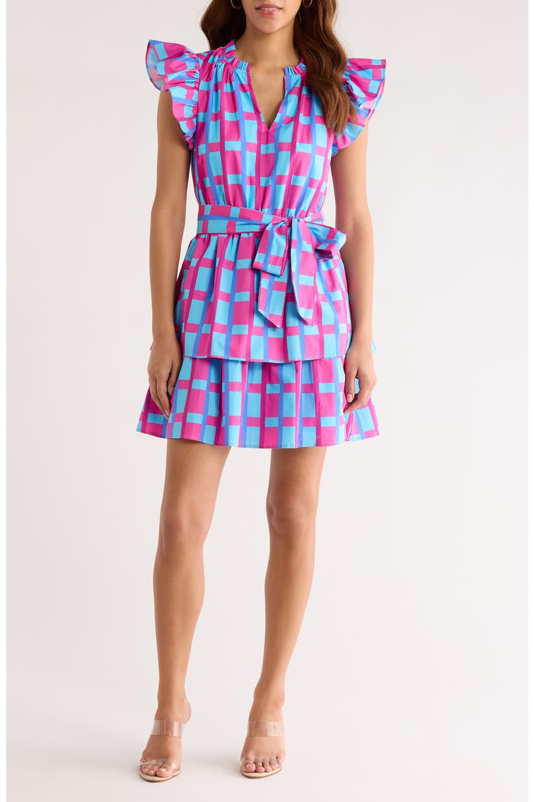 Marvy Checker Emie Ruffle Minidress, Main, color, FUCHSIA-BLUE-MULTI