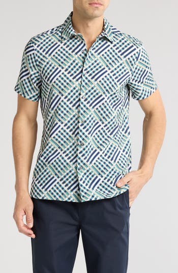 Perry Ellis Slim Fit Triangle Short Sleeve Stretch Button-Up Shirt