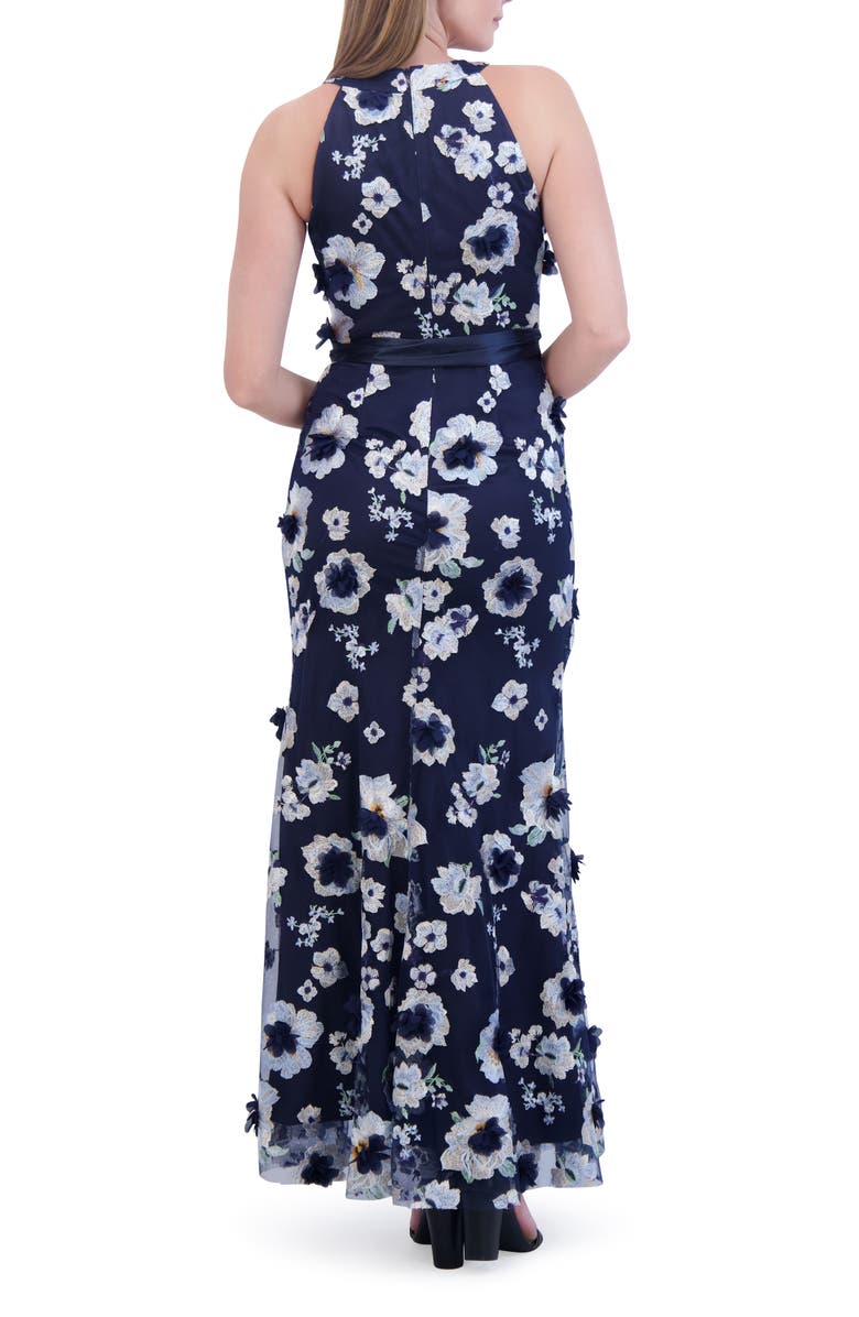 Eliza J Embroidered Floral Appliqué Halter Neck Gown, Alternate, color,