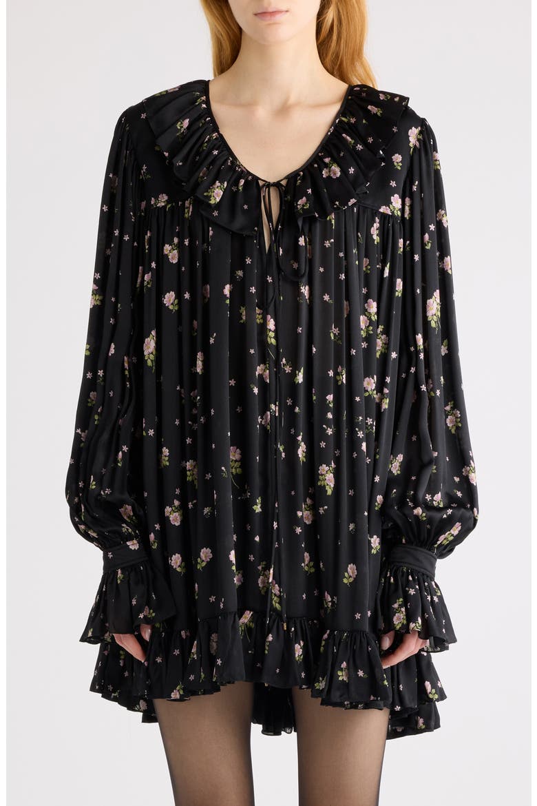 Liberty Print Long Sleve Silk Charmeuse Minidress, Alternate, color, BLACK