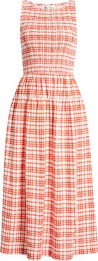 ZOE AND CLAIRE Smocked Plaid Sleeveless Midi Dress