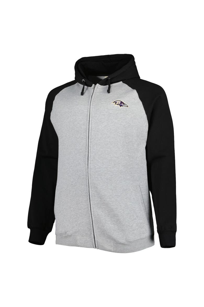 Men's Heather Gray Baltimore Ravens Big & Tall Fleece Raglan Full-Zip Hoodie Jacket, Alternate, color, Heather Gray