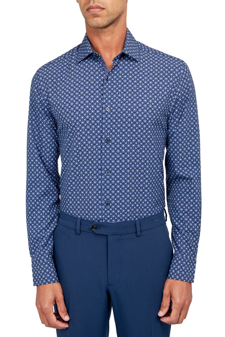 Sketch Floral Performance Dress Shirt, Main, color, NAVY