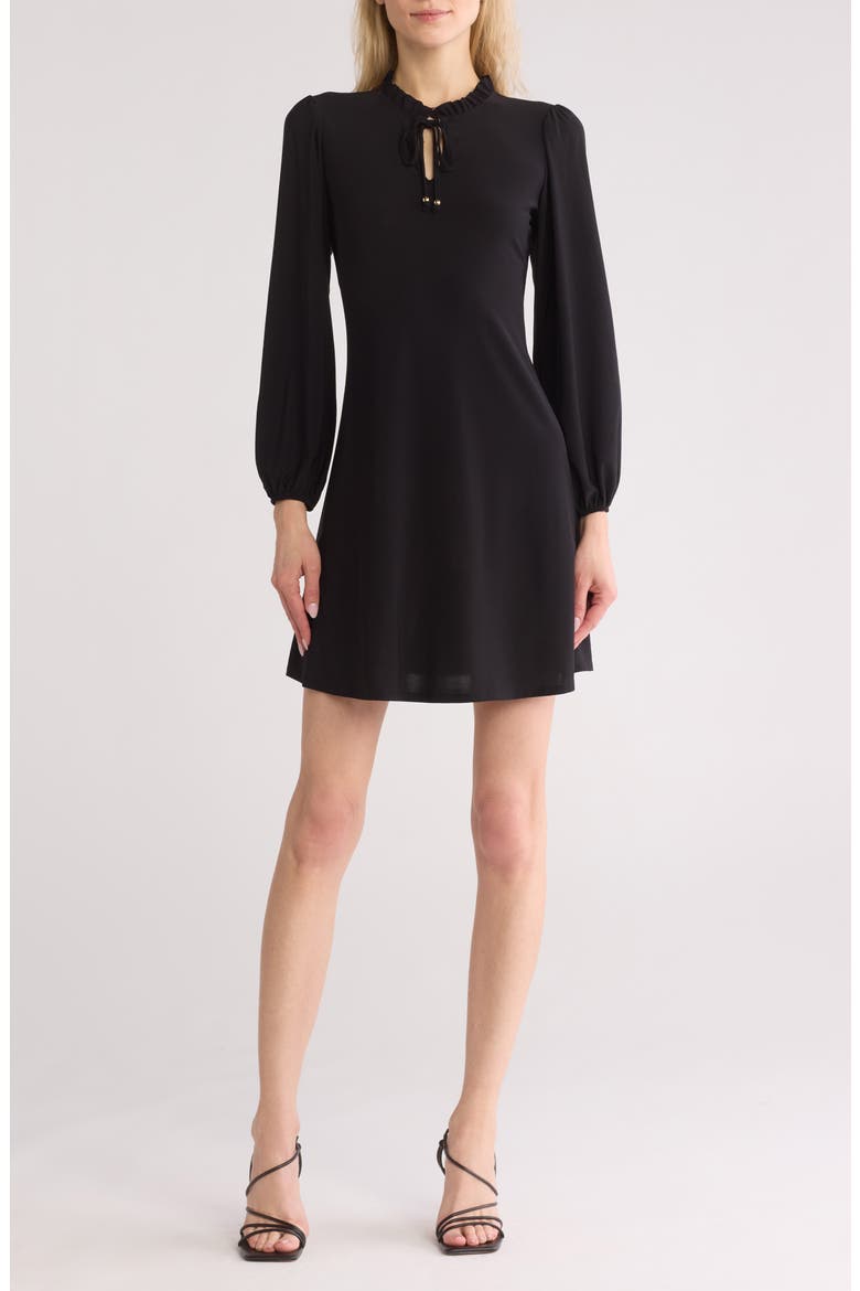 Balloon Sleeve Neck Tie Dress, Main, color, BLACK/ GOLD