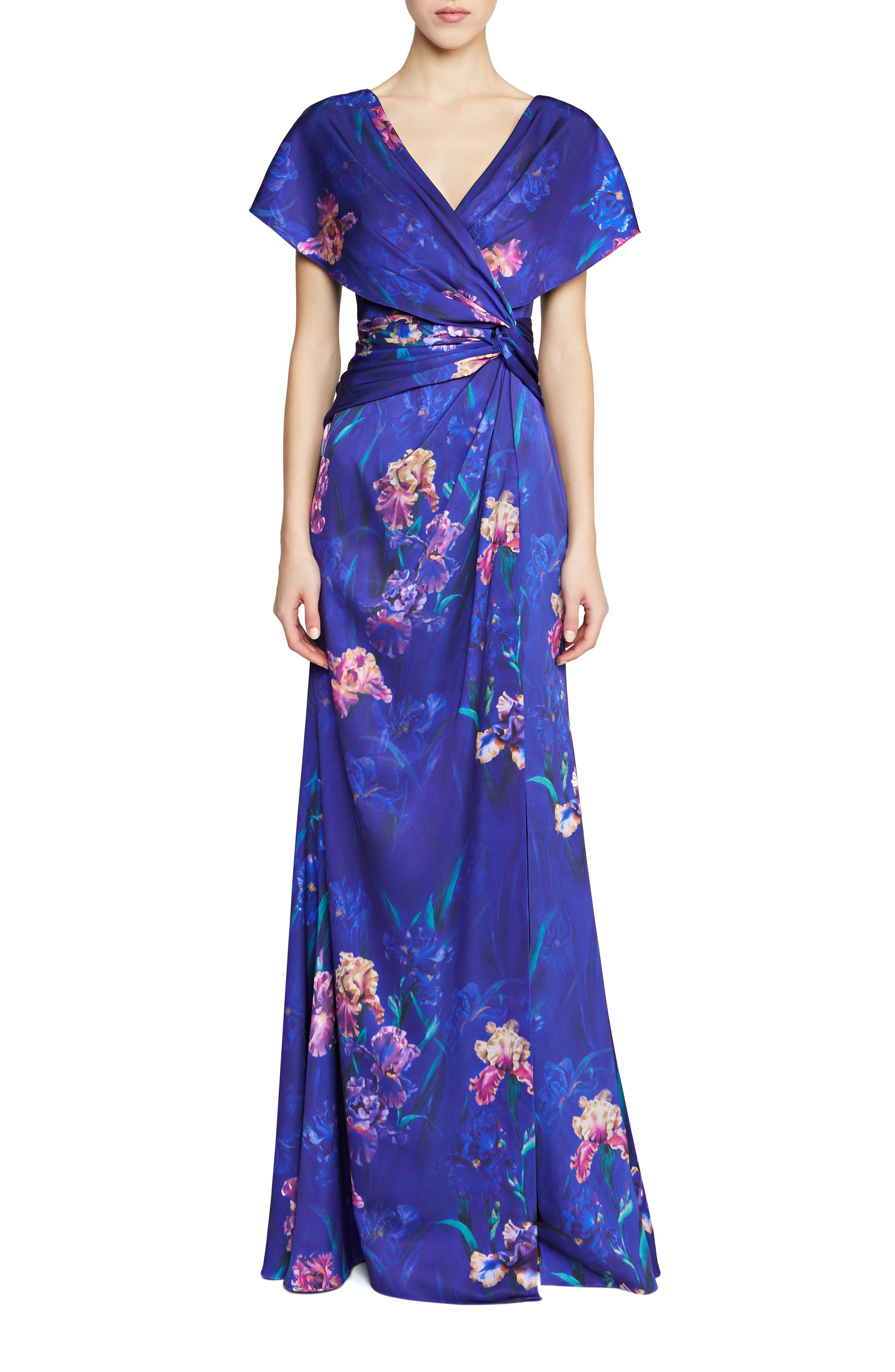 Theia Angelina Floral Print Faux Wrap Gown in Moonlit Iris 