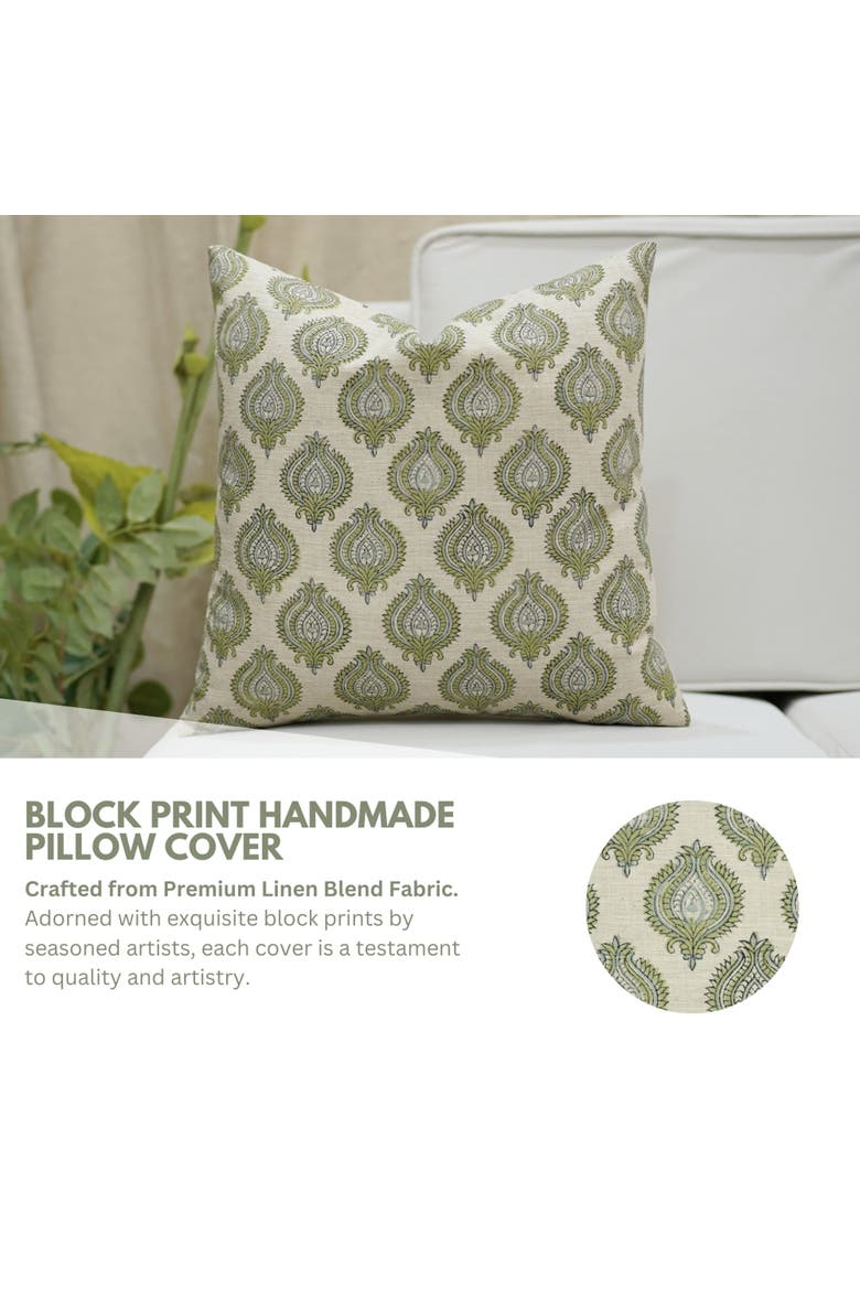 Uday Hand Block Printed Linen Blend Pillow Cover, Alternate, color, Green