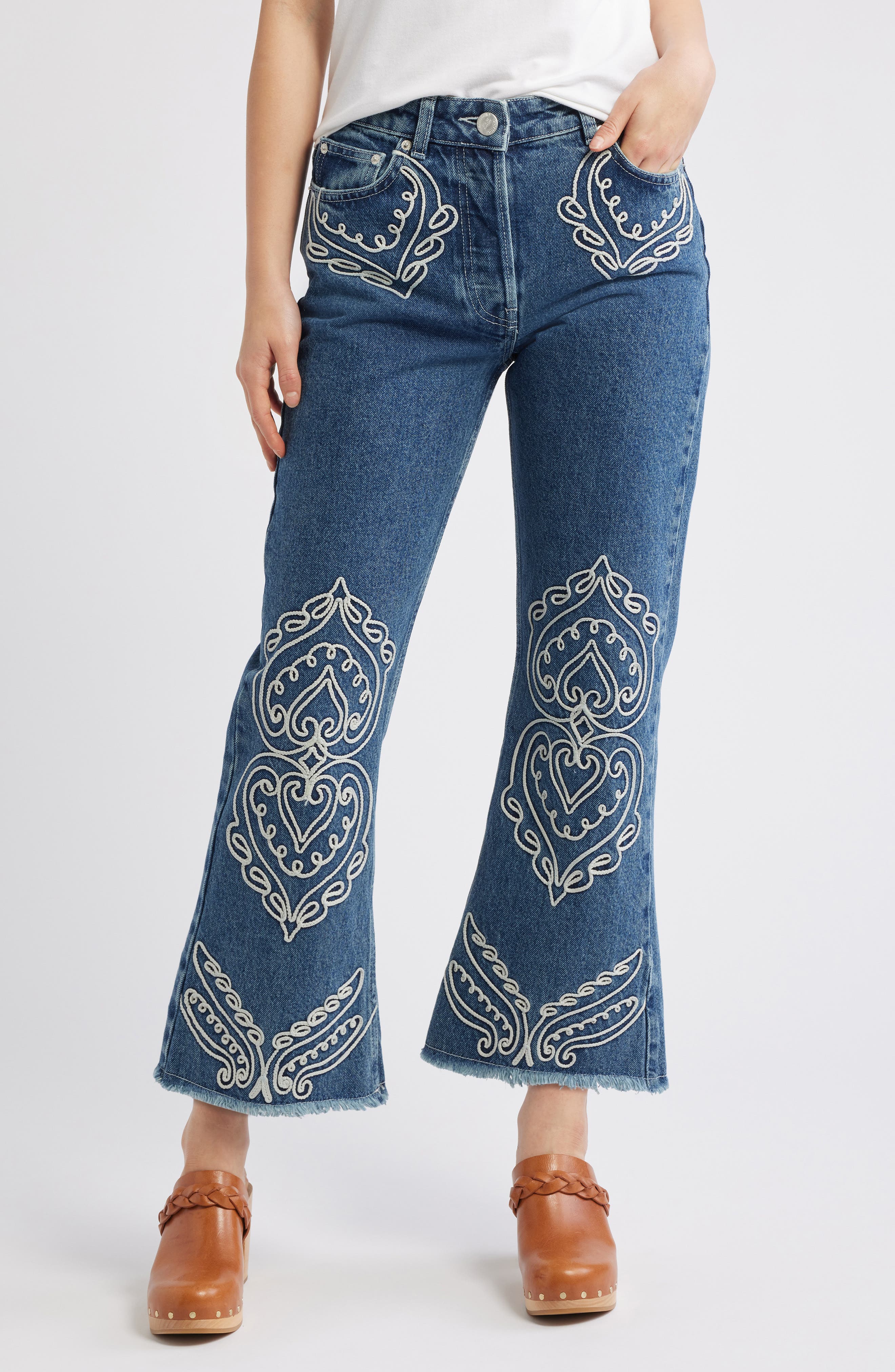 FARM Rio Cornely Embroidered Raw Hem Crop Jeans