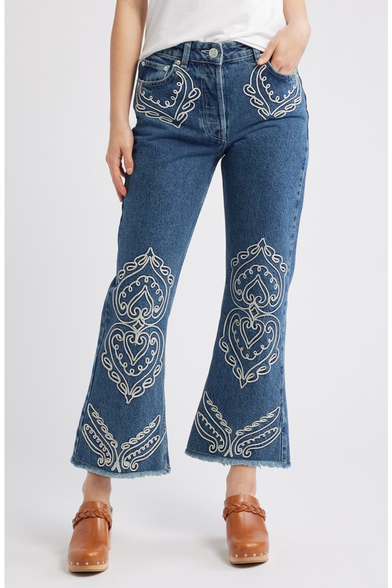 Cornely Embroidered Raw Hem Crop Jeans, Main, color, DENIM