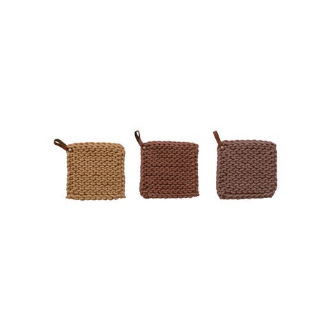 Square Cotton Crocheted Pot Holder with Leather Loop, Multicolor, Set of 3