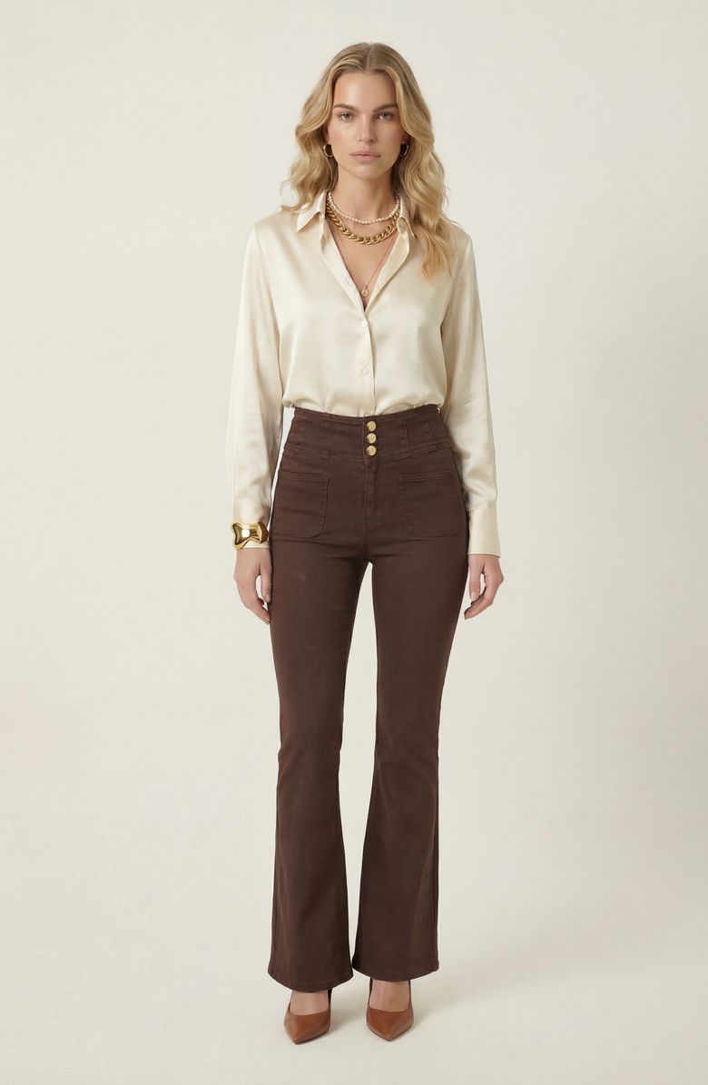 Modenaire High Waist Flare Pants with Button Front, Alternate, color, Chocolate Brown