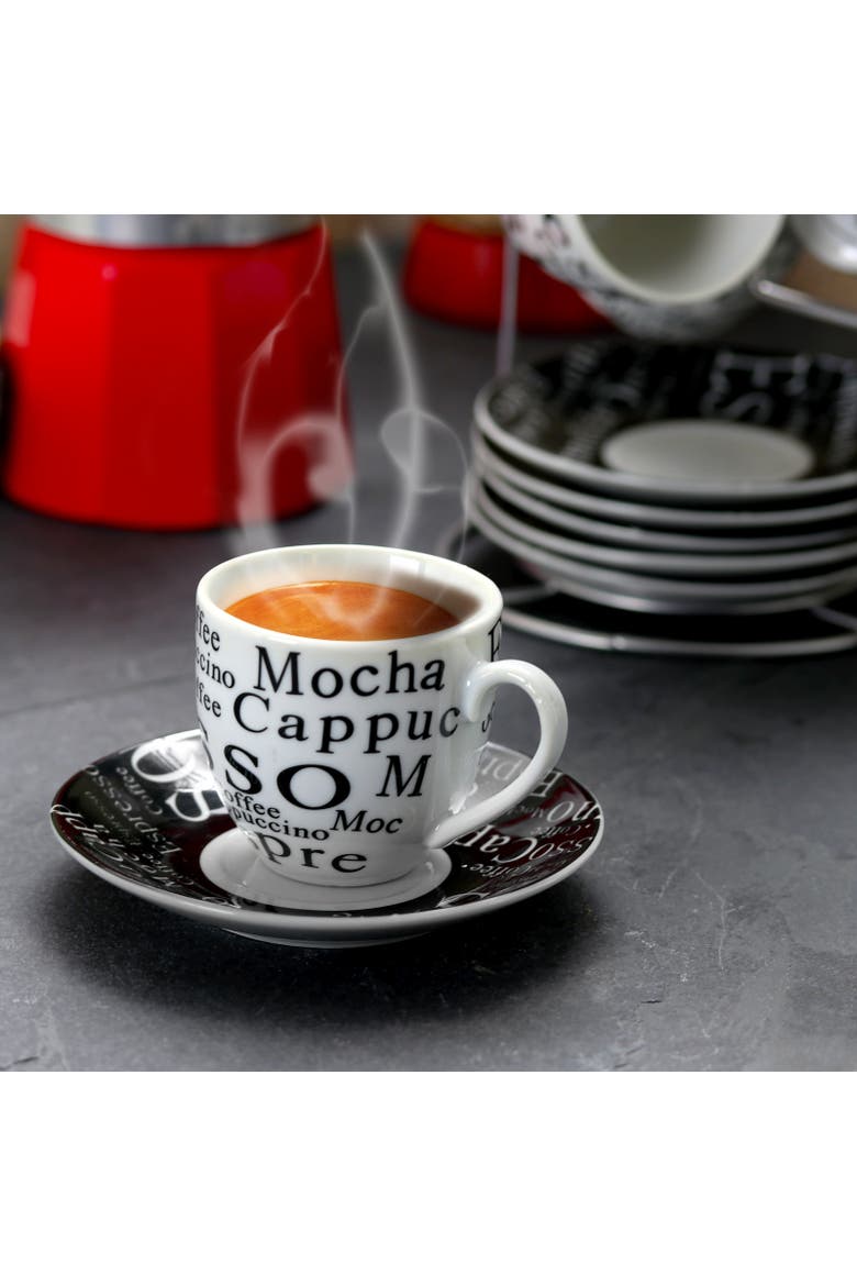 Espresso 13 Piece Small 3 oz Stoneware Coffee Cup Set with Wire Saucer Cup Rack, Alternate, color, White