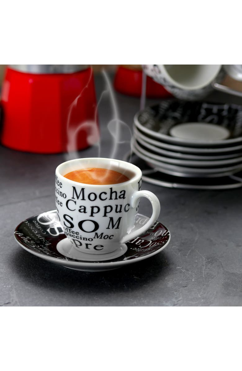 Gibson Espresso 13 Piece Small 3 oz Stoneware Coffee Cup Set with Wire Saucer Cup Rack, Alternate, color, White