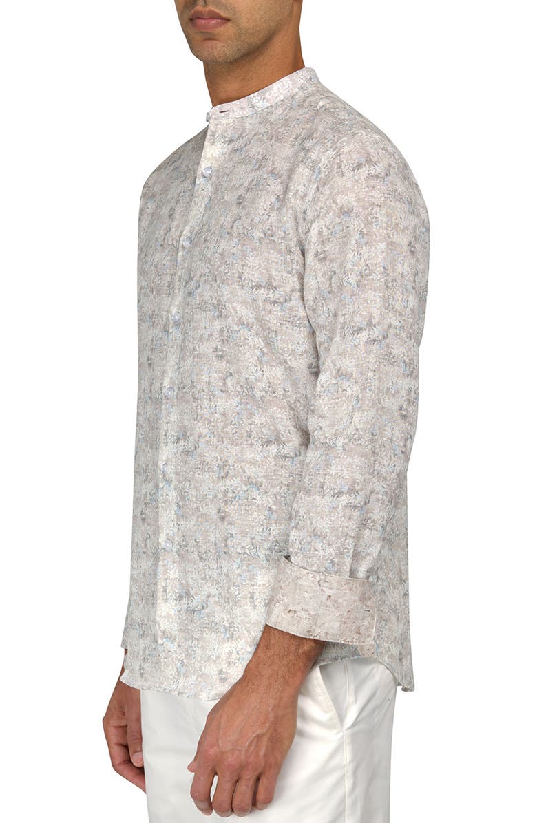 Brooklyn Brigade Slim Fit Abstract Leaves Linen Cotton Banded Collar Long Sleeve Shirt, Alternate, color, Beige
