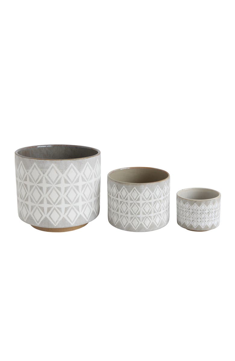 Storied Home Various Round Stoneware Planters with Geometric Patterns, Set of 3, Main, color, White